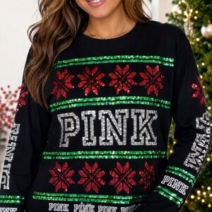 Victoria's Secret PINK M Sequin Christmas Snowflake Ugly Sweater Long Sleeve Tee